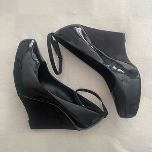 BCBG black patent ankle strap platform wedge heel